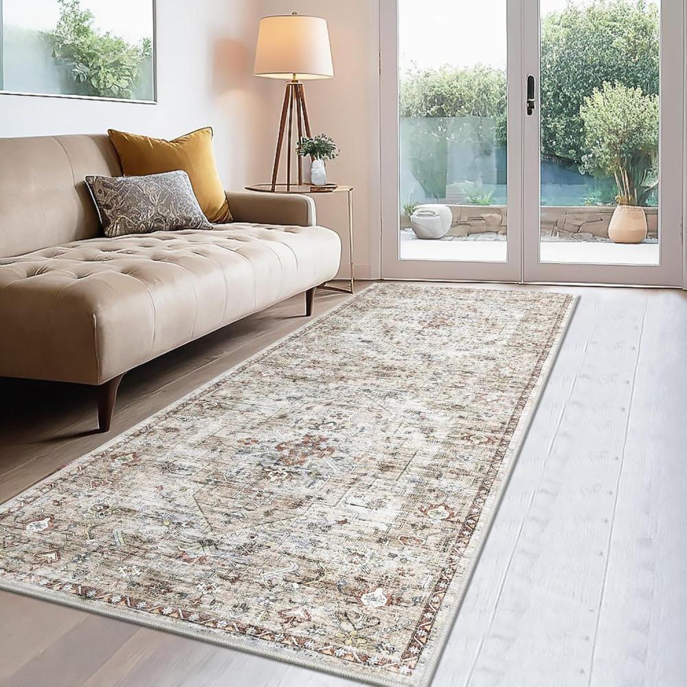 image:imageGarvee 2x6 Washable Vintage Runner Rug for Entryway Kitchen Soft Non Slip Thin Carpet Traditional Floral Print Floor Cover Distressed Accent Throw Rug for Hallway Bathroom Bedroom BrownBrown