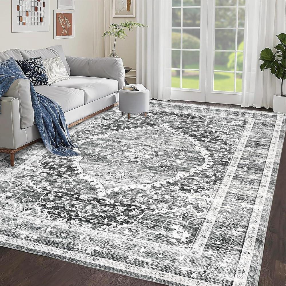image:imageGarvee 4x6 Area Rug  Washable Rugs for Living Room No Pile Boho Carpet for Entryway Bedroom Dinning Room Vintage Carpet Print Distressed NonSlip GrayGray Tone