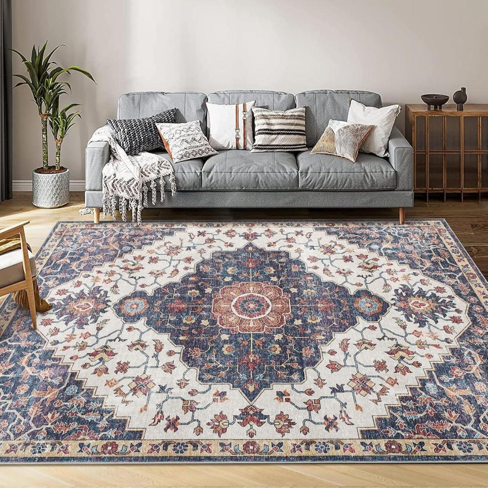 image:imageGarvee 5x7 ft Machine Washable Area Rug Non Slip NonShedding Vintage Rug for Living Room Low Pile Oriental Medallion Floral Printed CarpetIndoor Foldable Soft Rug for BedroomNurseryKitchenBlueRed