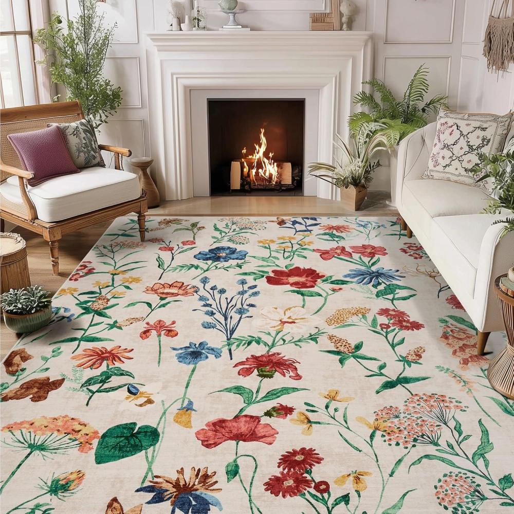 image:imageGarvee 8x10 Floral Area Rugs Washable Non Slip Low Pile Boho Indoor Rug Soft Vintage Carpet for Living Room Bedroom Dining Room Light GreenBeige