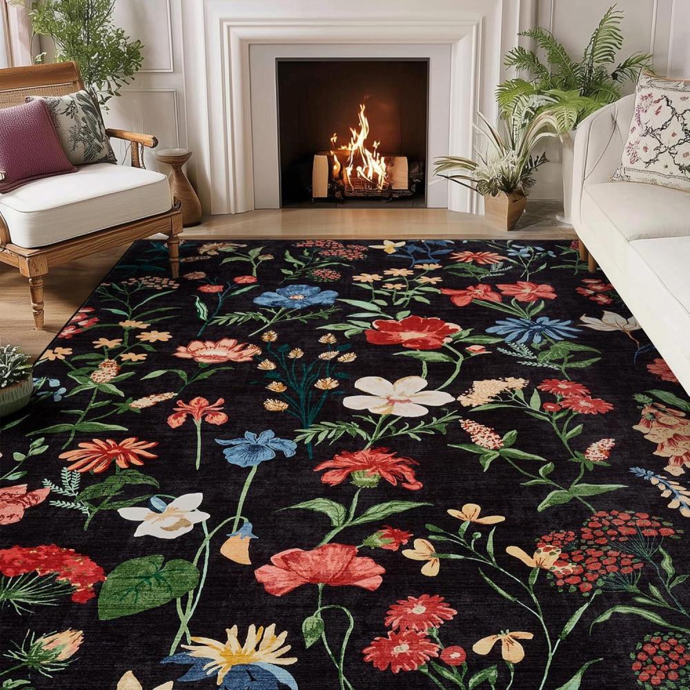 image:imageGarvee 8x10 Floral Area Rugs Washable Non Slip Low Pile Boho Indoor Rug Soft Vintage Carpet for Living Room Bedroom Dining Room Light GreenBlack