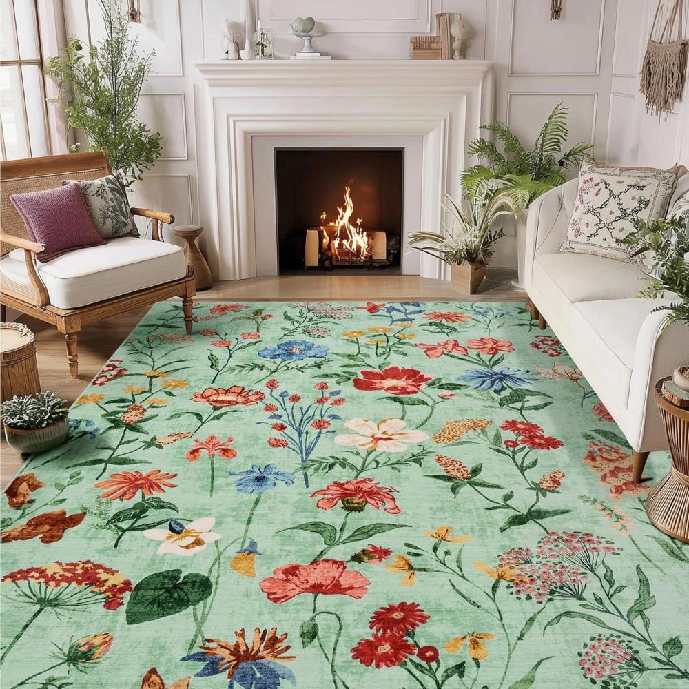 image:imageGarvee 8x10 Floral Area Rugs Washable Non Slip Low Pile Boho Indoor Rug Soft Vintage Carpet for Living Room Bedroom Dining Room Light GreenLight Green