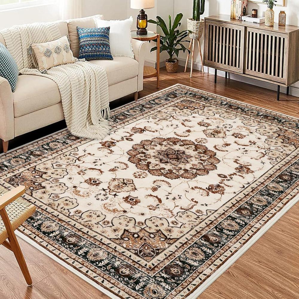 image:imageGarvee 8x10 ft Boho Vintage Area Rug Machine Washable Gray Medallion Rug with NonSlip Rubber Backing Low Pile Soft Carpet for Living Room Bedroom Dining Room Kitchen Pet FriendlyGrayBrown Beige
