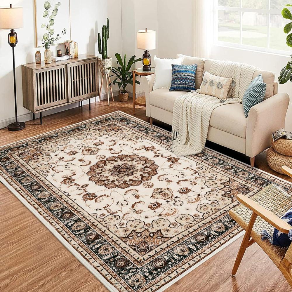 image:imageGarvee 8x10 ft Boho Vintage Area Rug Machine Washable Gray Medallion Rug with NonSlip Rubber Backing Low Pile Soft Carpet for Living Room Bedroom Dining Room Kitchen Pet FriendlyGrayBrown