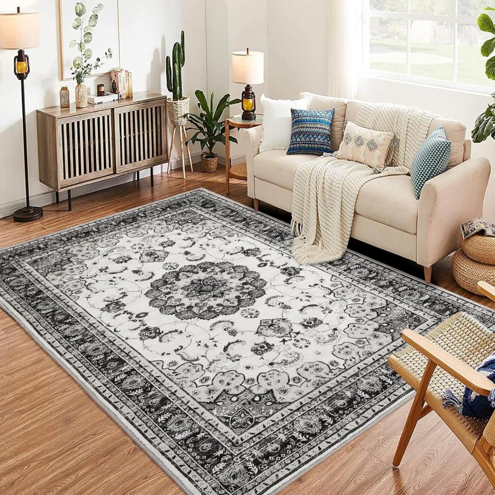 image:imageGarvee 8x10 ft Boho Vintage Area Rug Machine Washable Gray Medallion Rug with NonSlip Rubber Backing Low Pile Soft Carpet for Living Room Bedroom Dining Room Kitchen Pet FriendlyGrayGrey White