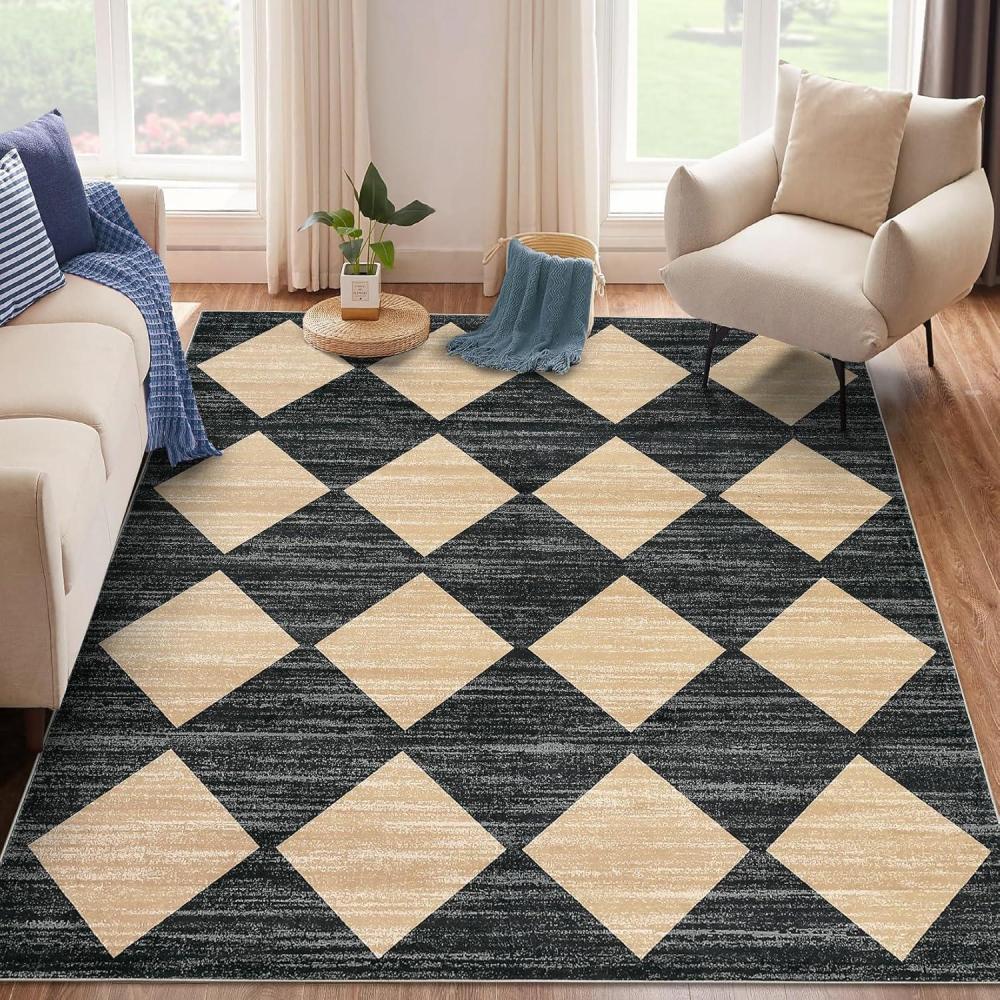 image:imageGarvee 9x12 Area Rug Washable Black Rug for Living Room Dining Room Low Pile Neutral Area Rugs Modern Geometric Checkered Rugs Low Pile Bedroom Area RugCheckeredblack  Brown