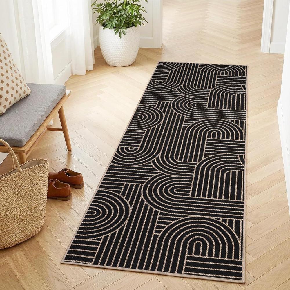 image:imageGarvee Arch Striped Living Room Rugs 5x7 Indoor Outdoor Easy Jute Rugs with Non Slip Backing Stain Resistant Non Shedding Carpet Foldable Thin Neutral Mats for Entryway Dining Room Patio BlackBrownStripedblack