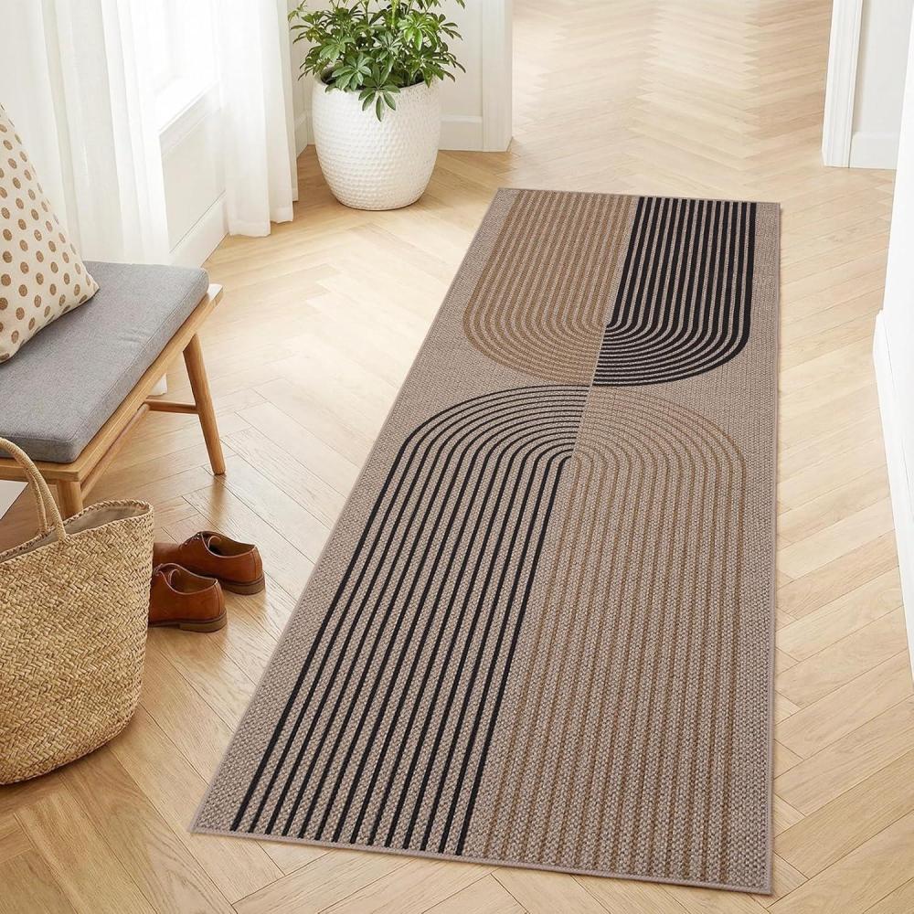 image:imageGarvee Arch Striped Living Room Rugs 5x7 Indoor Outdoor Easy Jute Rugs with Non Slip Backing Stain Resistant Non Shedding Carpet Foldable Thin Neutral Mats for Entryway Dining Room Patio BlackBrownRainbownaturetan