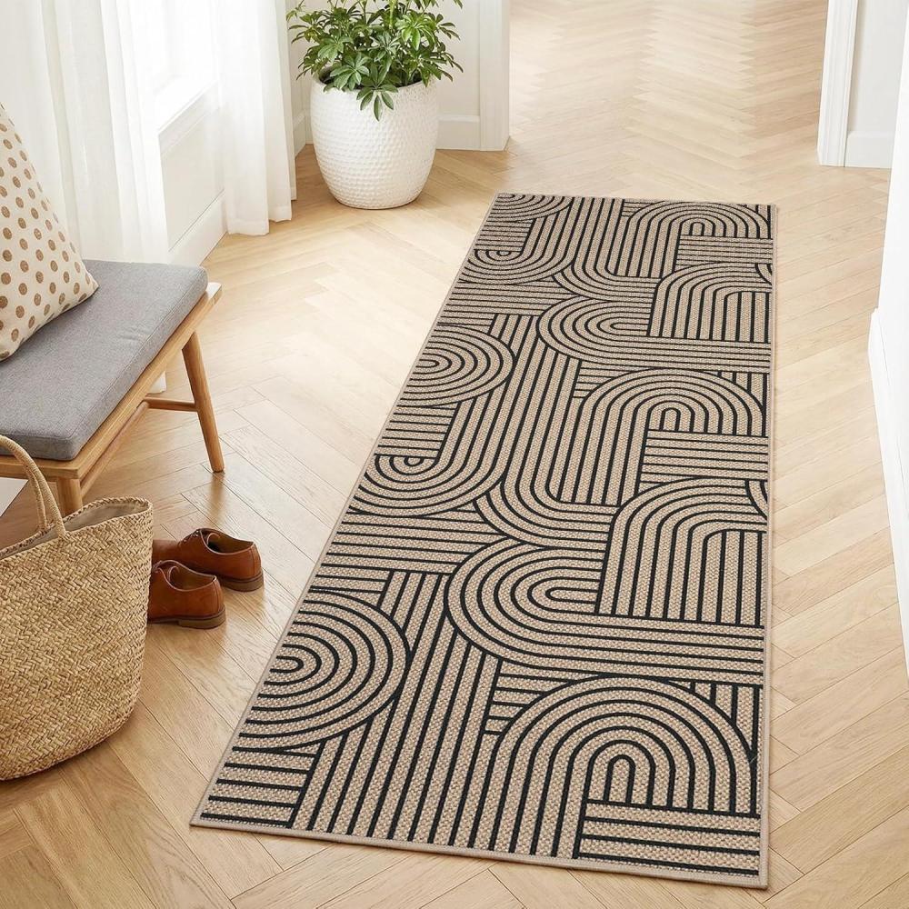 image:imageGarvee Arch Striped Living Room Rugs 5x7 Indoor Outdoor Easy Jute Rugs with Non Slip Backing Stain Resistant Non Shedding Carpet Foldable Thin Neutral Mats for Entryway Dining Room Patio BlackBrownStripednature