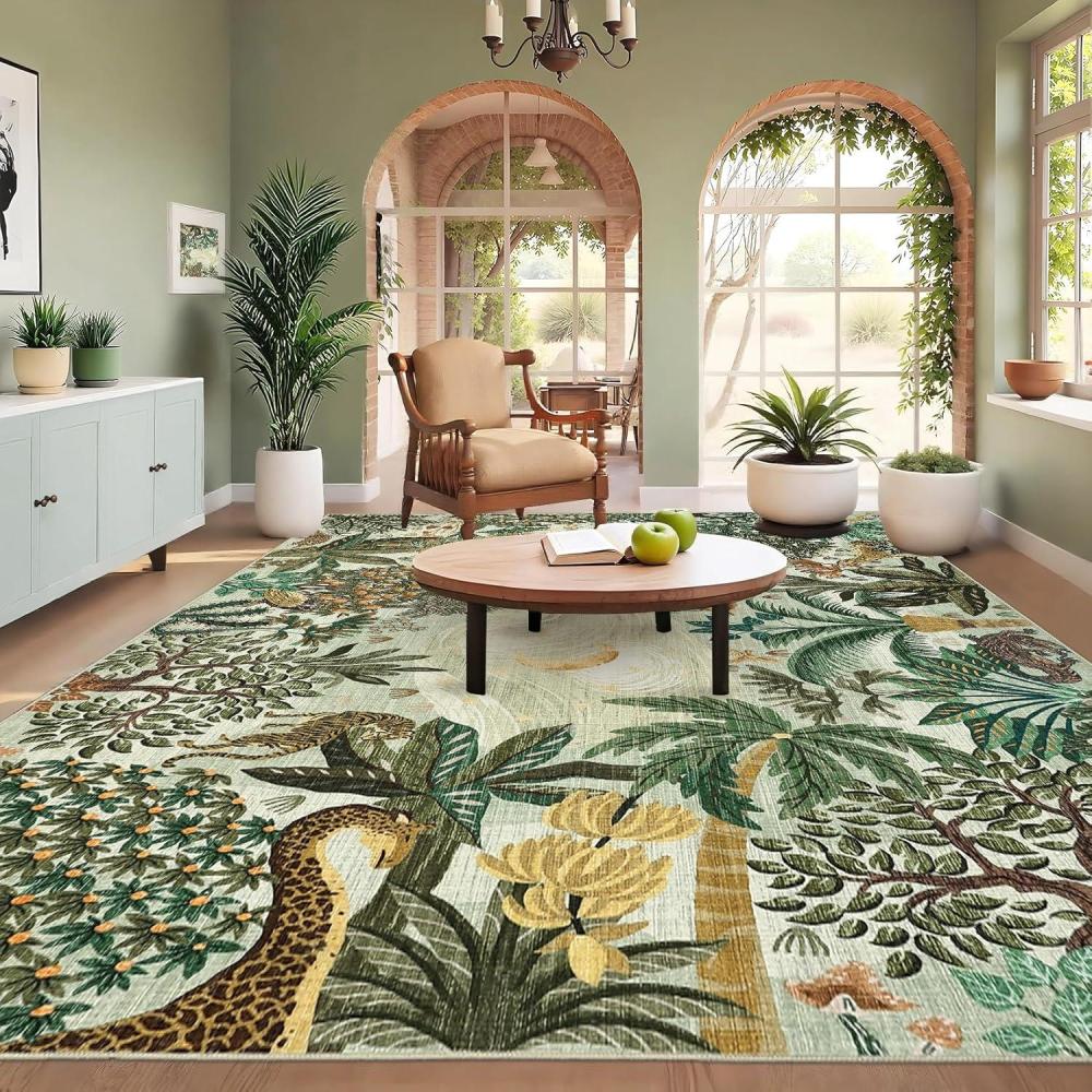 image:imageGarvee Jungle Green 8x10 Washable Rugs for Living Room Soft Non Slip Animal Print Bedroom Rugs Large Stain Resistant Botanical Forest Carpet for Kids Play Room Nursery Room Dining Room DecorMoon JungleGreen