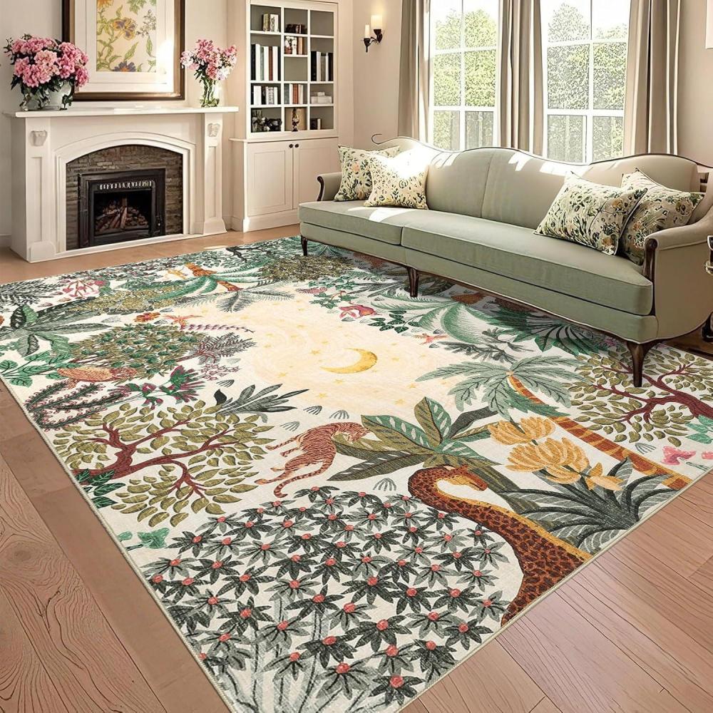 image:imageGarvee Jungle Green 8x10 Washable Rugs for Living Room Soft Non Slip Animal Print Bedroom Rugs Large Stain Resistant Botanical Forest Carpet for Kids Play Room Nursery Room Dining Room DecorMoon JungleTaupe