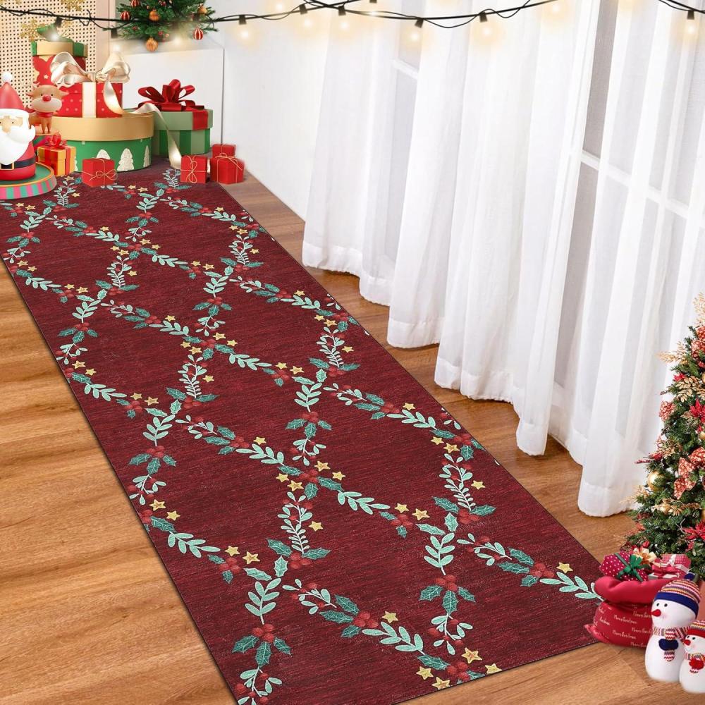 image:imageGarvee Red Christmas Runner Rug for Hallway 2x6 NonSlip Kitchen Runner UltraSoft Low Pile Scalloped Rug for Bedroom NonShedding Thin Indoor Carpet for Laundry Living RoomChristmas Sprigsred