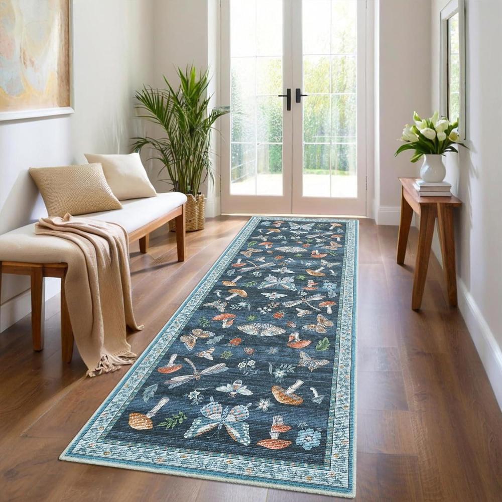 image:imageGarvee Washable Rug 8x10 Vintage Area Rug for Living Room Non Slip Boho Medal Throw Rugs Non Shedding Farmhouse Distressed Carpet Foldable Thin Retro Rug for Office Kid Nursery Playroom Blue BrownButterfly  Blue