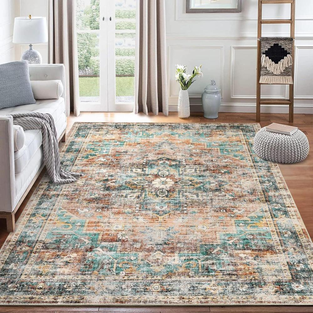image:imageGarvee Washable Rug 8x10 Vintage Area Rug for Living Room Non Slip Boho Medal Throw Rugs Non Shedding Farmhouse Distressed Carpet Foldable Thin Retro Rug for Office Kid Nursery Playroom Blue BrownGreen Brown