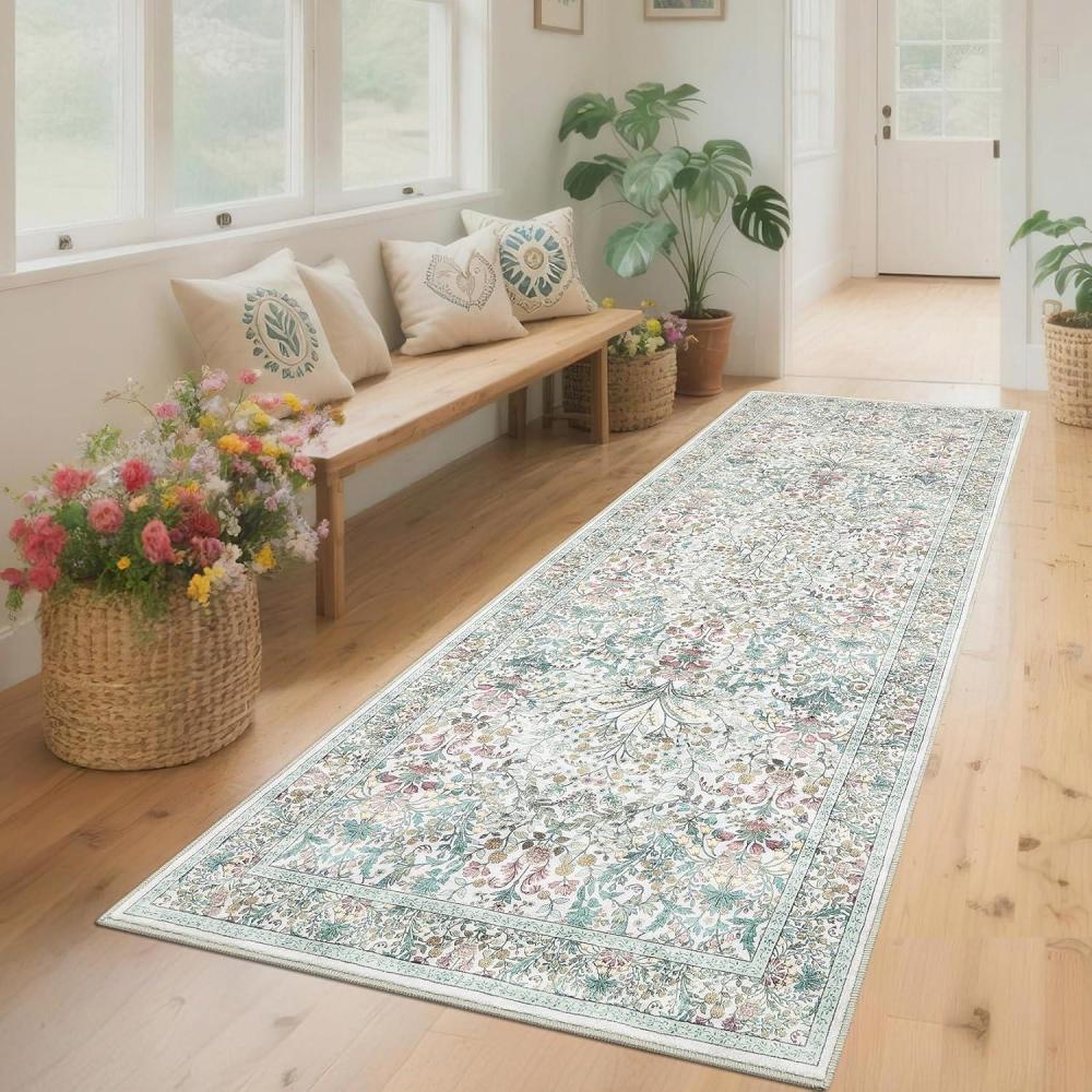 image:imageGarvee Washable Rug 8x10 Vintage Area Rug for Living Room Non Slip Boho Medal Throw Rugs Non Shedding Farmhouse Distressed Carpet Foldable Thin Retro Rug for Office Kid Nursery Playroom Blue BrownBoho Floral  Beige