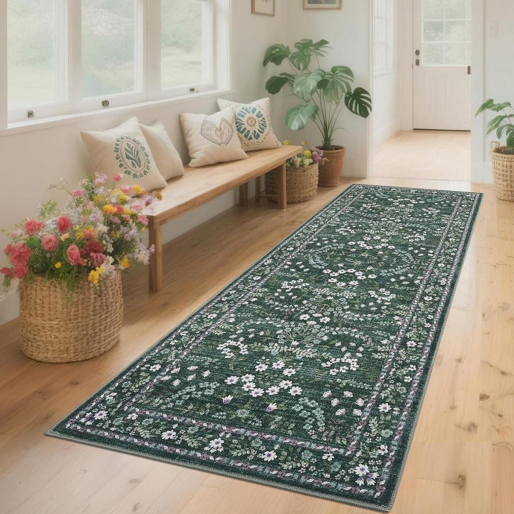 image:imageGarvee Washable Rug 8x10 Vintage Area Rug for Living Room Non Slip Boho Medal Throw Rugs Non Shedding Farmhouse Distressed Carpet Foldable Thin Retro Rug for Office Kid Nursery Playroom Blue BrownFloral  Dark Green