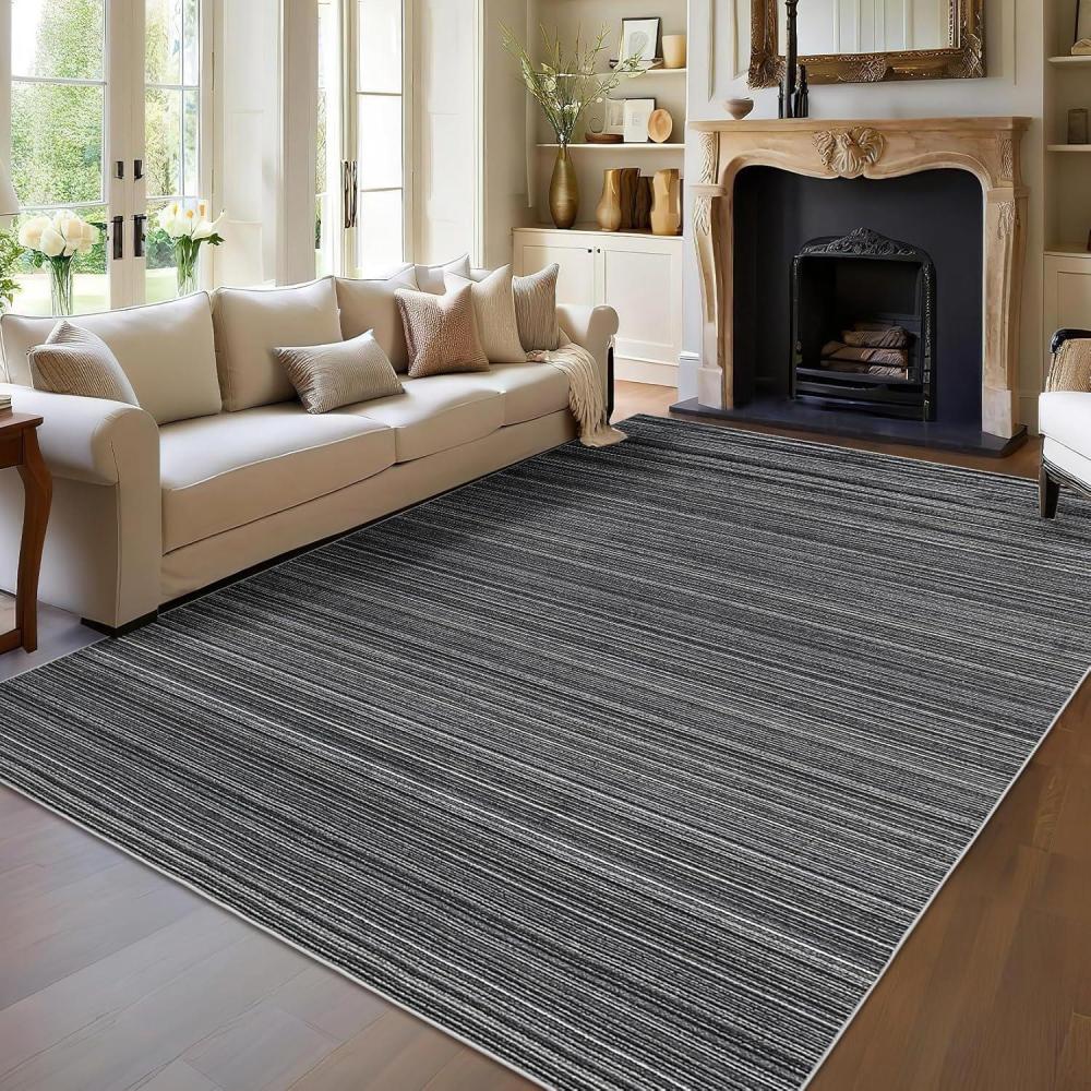 image:imageGarvee Washable Striped Rug 9x12 Large Soft Area Rug for Living Room Bedroom Striped Carpet with Low Pile NonSlip Backing Easy to Clean Contemporary Floor Rug for Home Decor Black