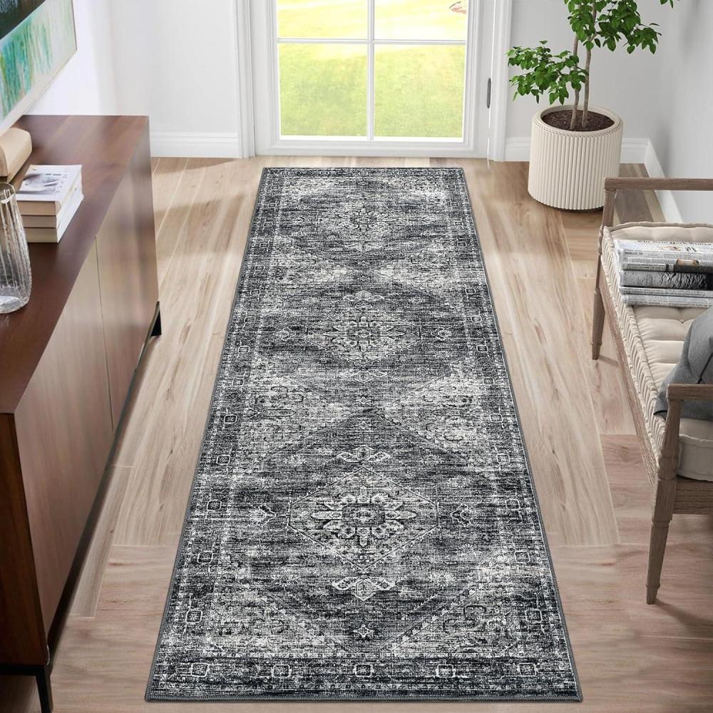 image:imageGarvee Washable Vintage Area Rug Distressed Floral Print Living Room Rugs Retro Accent Floorcover Mat Non Slip Low Pile Throw Carpet for Kitchen Dining Room Office ApartmentDark Grey