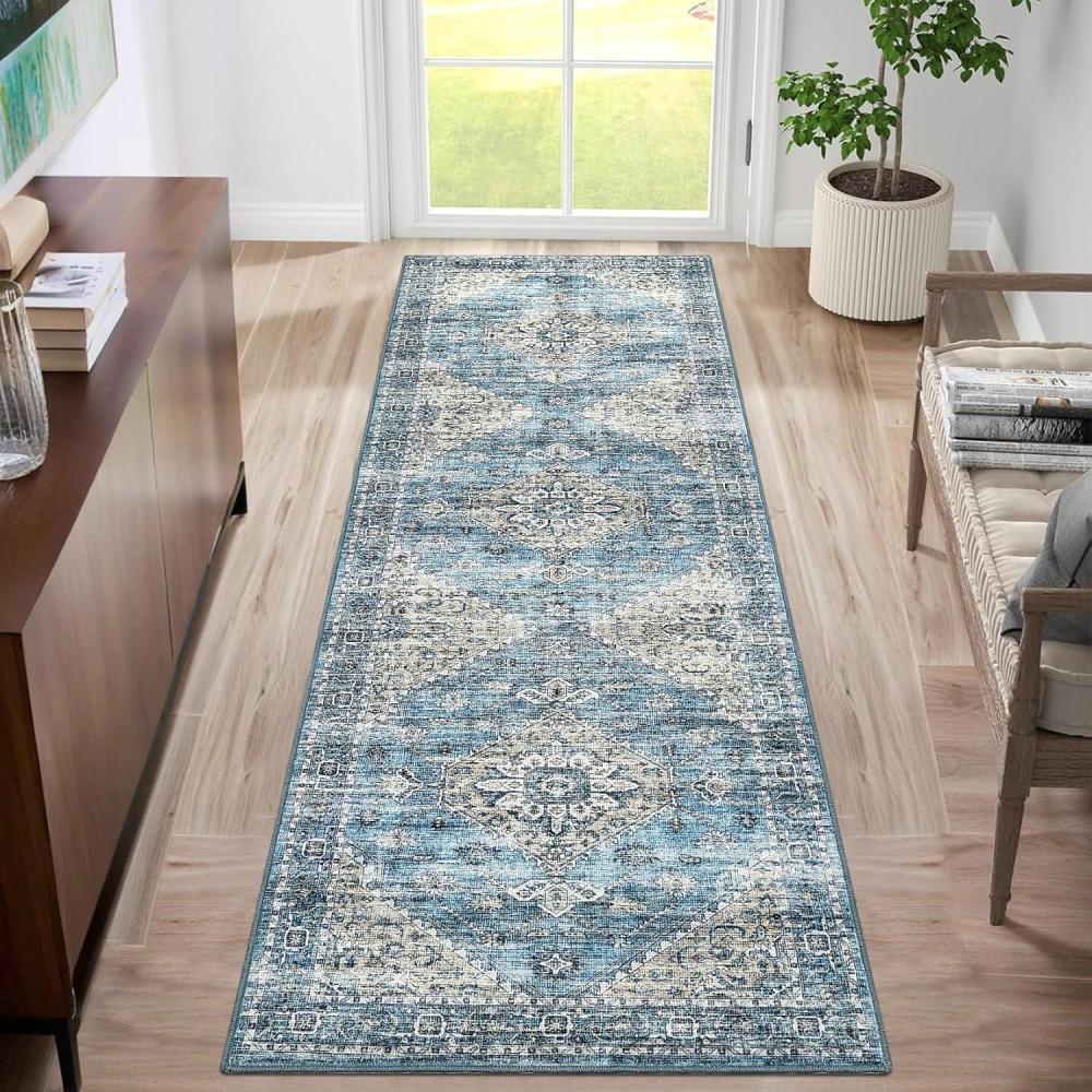 image:imageGarvee Washable Vintage Area Rug Distressed Floral Print Living Room Rugs Retro Accent Floorcover Mat Non Slip Low Pile Throw Carpet for Kitchen Dining Room Office ApartmentBlue