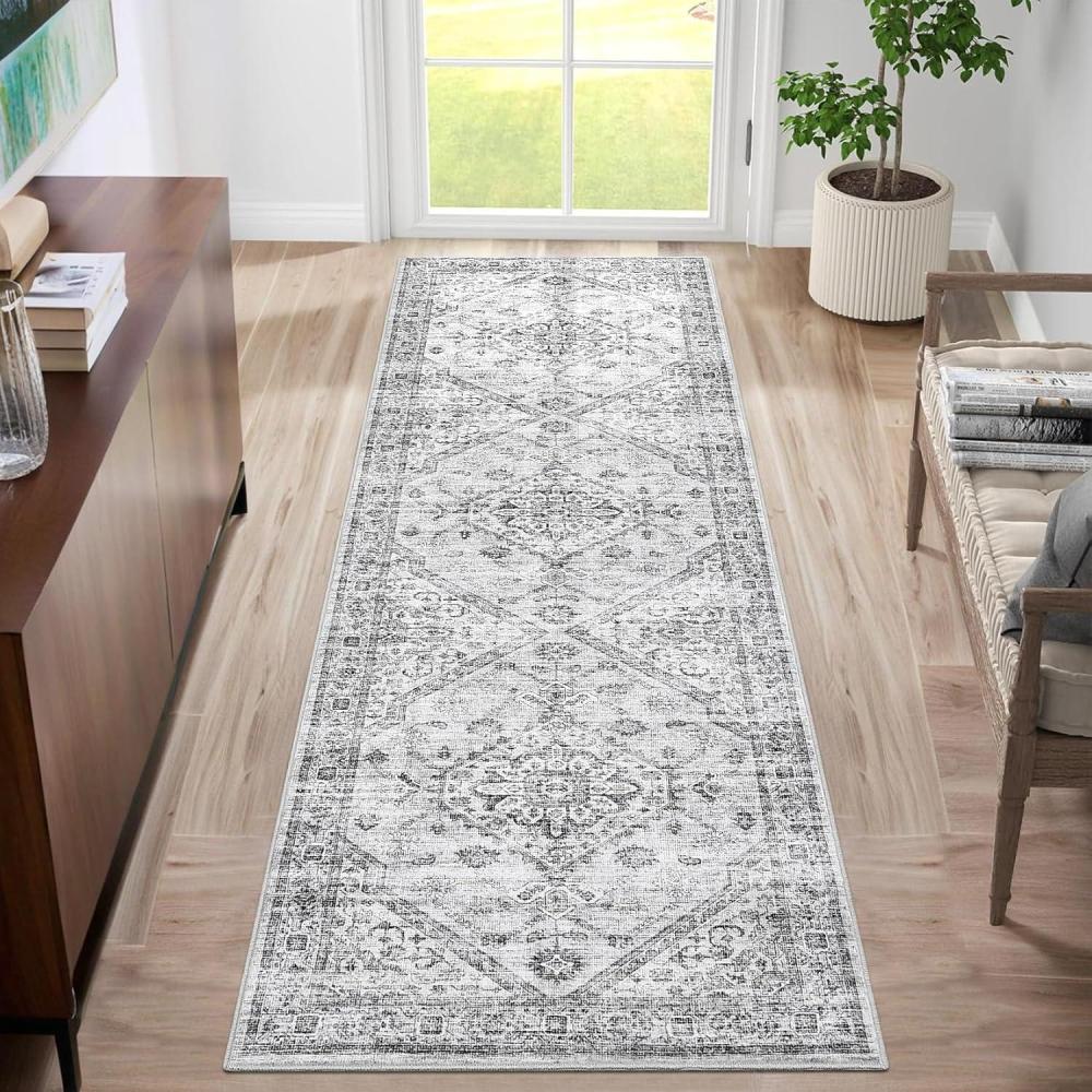 image:imageGarvee Washable Vintage Area Rug Distressed Floral Print Living Room Rugs Retro Accent Floorcover Mat Non Slip Low Pile Throw Carpet for Kitchen Dining Room Office ApartmentLight Grey