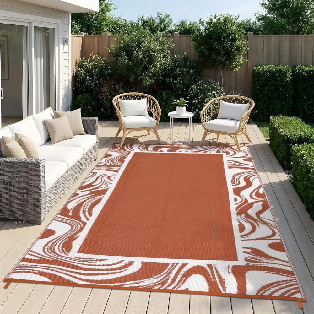 image:imageOutdoor Rug 5x8 Modern Bordered Patio Rug Foldable Plastic Straw Rugs Waterproof Abstract Reversible Large Outdoor Carpet for Patio RV Deck Balcony Backyard Picnic Beach CloverBlackTerracotta White