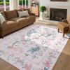 Garvee 5×7 Area Rug Washable Floral Peacock Rugs for Living Room Bedroom, Low Pile Non Slip Nursery Rugs for Girls Room Playroom, Vintage Home Decor Thin Carpet for Dining Room, Green(Pink)