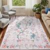 Garvee 5×7 Area Rug Washable Floral Peacock Rugs for Living Room Bedroom, Low Pile Non Slip Nursery Rugs for Girls Room Playroom, Vintage Home Decor Thin Carpet for Dining Room, Green(Pink)