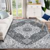 Garvee 5×7 ft Machine Washable Area Rug, Non Slip Non-Shedding Vintage Rug for Living Room, Low Pile Oriental Medallion Floral Printed Carpet,Indoor Foldable Soft Rug for Bedroom/Nursery/Kitchen（Blue(Grey)