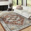 Garvee 5×7 ft Vintage Boho Washable Soft Area Rug, Low Pile Anti-Slip Stain Resistant Rugs, Floral Printed Distressed Large Soft Carpet, Non Shedding Rug for Bedroom Living Room Dining Room(Red)(Red)