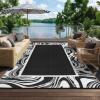 Outdoor Rug 5×8 Modern Bordered Patio Rug Foldable Plastic Straw Rugs Waterproof Abstract Reversible Large Outdoor Carpet for Patio, RV, Deck, Balcony, Backyard, Picnic, Beach, Clover,Black(Black White)