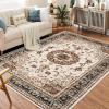 Garvee 8×10 ft Boho Vintage Area Rug, Machine Washable Gray Medallion Rug with Non-Slip Rubber Backing, Low Pile Soft Carpet for Living Room Bedroom Dining Room Kitchen, Pet Friendly(Gray)(Brown Beige)