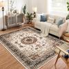 Garvee 8×10 ft Boho Vintage Area Rug, Machine Washable Gray Medallion Rug with Non-Slip Rubber Backing, Low Pile Soft Carpet for Living Room Bedroom Dining Room Kitchen, Pet Friendly(Gray)(Brown)