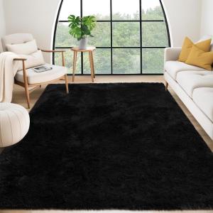 Garvee 10×13 Large Fluffy Living Room Area Rug Soft Plush Bedroom Throw Carpet Modern Solid Color Shaggy Rug Non Slip Non Shedding Fuzzy Faux Fur Area Rug for Nursery Home Decor, Black