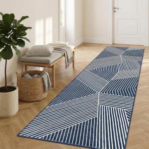 Garvee 10×13 Large Living Room Rugs, Modern Geometric Bedroom Rug Non Slip Low Pile Under Table Carpet for Dining Room, Stain Resistant Ultra Thin Throw Rug for Boy’s Room Office, Green(Striped|blue)