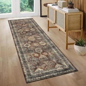 Garvee 2×6 Kitchen Runner Rug Machine Washable Area Rugs Vintage Distressed Door Mats with Non Slip Backing Non Shedding Low Pile Floor Cover Stain Resistant Carpet for Entryway Hallway, Red Brown(Distressed|red Brown)