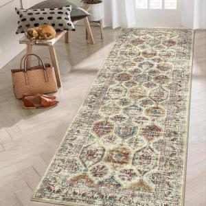 Garvee 2×6 Kitchen Runner Rug Machine Washable Area Rugs Vintage Distressed Door Mats with Non Slip Backing Non Shedding Low Pile Floor Cover Stain Resistant Carpet for Entryway Hallway, Red Brown(Distressed|colorful)