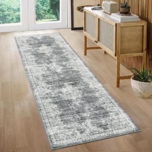 Garvee 2×6 Kitchen Runner Rug Machine Washable Area Rugs Vintage Distressed Door Mats with Non Slip Backing Non Shedding Low Pile Floor Cover Stain Resistant Carpet for Entryway Hallway, Red Brown(Bordered|grey)