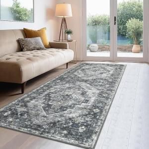 Garvee 2×6 Washable Vintage Runner Rug for Entryway Kitchen Soft Non Slip Thin Carpet Traditional Floral Print Floor Cover Distressed Accent Throw Rug for Hallway Bathroom Bedroom, Brown(Grey)