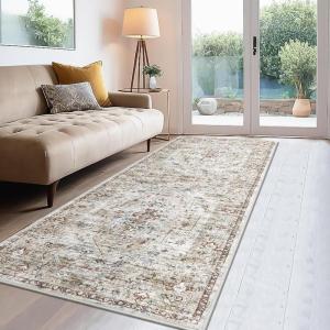 Garvee 2×6 Washable Vintage Runner Rug for Entryway Kitchen Soft Non Slip Thin Carpet Traditional Floral Print Floor Cover Distressed Accent Throw Rug for Hallway Bathroom Bedroom, Brown(Brown)