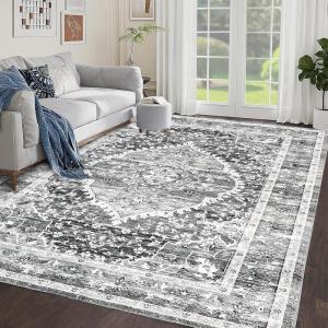 Garvee 4×6 Area Rug – Washable Rugs for Living Room, No Pile Boho Carpet for Entryway, Bedroom, Dinning Room, Vintage Carpet Print, Distressed Non-Slip. Gray(Grey)