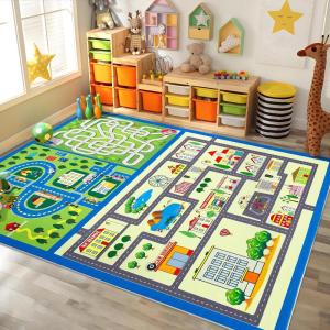Garvee 4×6 Rugs for Kids Room, Washable Playroom Rug Hopscotch＆Ludo Game Area Rugs with Colors, Non Slip Ultra Soft Educational Learning Carpet Stain Resistant City Road Mats for Children Baby Toddler(City Life)