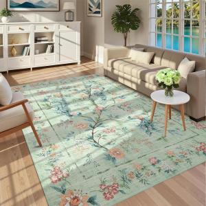Garvee 5×7 Area Rug Washable Floral Peacock Rugs for Living Room Bedroom, Low Pile Non Slip Nursery Rugs for Girls Room Playroom, Vintage Home Decor Thin Carpet for Dining Room, Green(Green)
