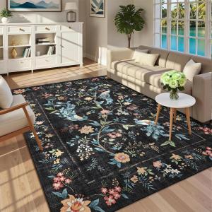 Garvee 5×7 Area Rug Washable Floral Peacock Rugs for Living Room Bedroom, Low Pile Non Slip Nursery Rugs for Girls Room Playroom, Vintage Home Decor Thin Carpet for Dining Room, Green(Black)