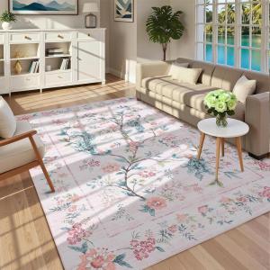 Garvee 5×7 Area Rug Washable Floral Peacock Rugs for Living Room Bedroom, Low Pile Non Slip Nursery Rugs for Girls Room Playroom, Vintage Home Decor Thin Carpet for Dining Room, Green(Pink)