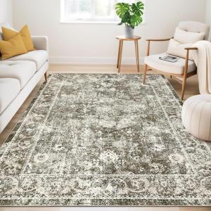 Garvee 5×7 ft Boho Distressed Floral Area Rug, Non-Slip Indoor Washable Rug, Stain Resistant Print Low Pile Carpet for Living Room/Bedroom/Kitchen/Dining Room/Kids Room/Nursery(Camel Green)(Green)