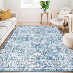 Garvee 5×7 ft Boho Distressed Floral Area Rug, Non-Slip Indoor Washable Rug, Stain Resistant Print Low Pile Carpet for Living Room/Bedroom/Kitchen/Dining Room/Kids Room/Nursery(Camel Green)(Blue)