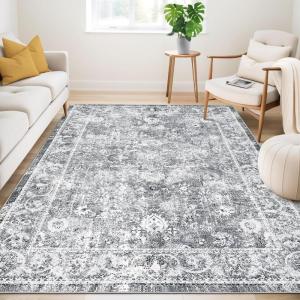 Garvee 5×7 ft Boho Distressed Floral Area Rug, Non-Slip Indoor Washable Rug, Stain Resistant Print Low Pile Carpet for Living Room/Bedroom/Kitchen/Dining Room/Kids Room/Nursery(Camel Green)(Grey)