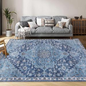 Garvee 5×7 ft Machine Washable Area Rug, Non Slip Non-Shedding Vintage Rug for Living Room, Low Pile Oriental Medallion Floral Printed Carpet,Indoor Foldable Soft Rug for Bedroom/Nursery/Kitchen（Blue(Blue)