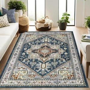 Garvee 5×7 ft Vintage Boho Washable Soft Area Rug, Low Pile Anti-Slip Stain Resistant Rugs, Floral Printed Distressed Large Soft Carpet, Non Shedding Rug for Bedroom Living Room Dining Room(Red)(Blue)