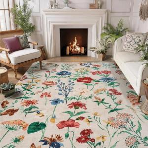 Garvee 8×10 Floral Area Rugs Washable, Non Slip Low Pile Boho Indoor Rug, Soft Vintage Carpet for Living Room, Bedroom, Dining Room, Light Green(Beige)